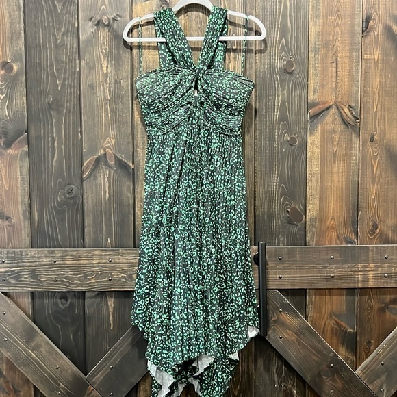 Saylor Midi Dress Size M Viscose Asymmetrical Hem Green Leopard Halter Fairy - Picture 1 of 13